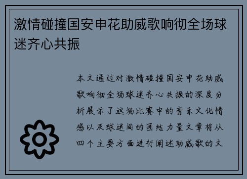 激情碰撞国安申花助威歌响彻全场球迷齐心共振